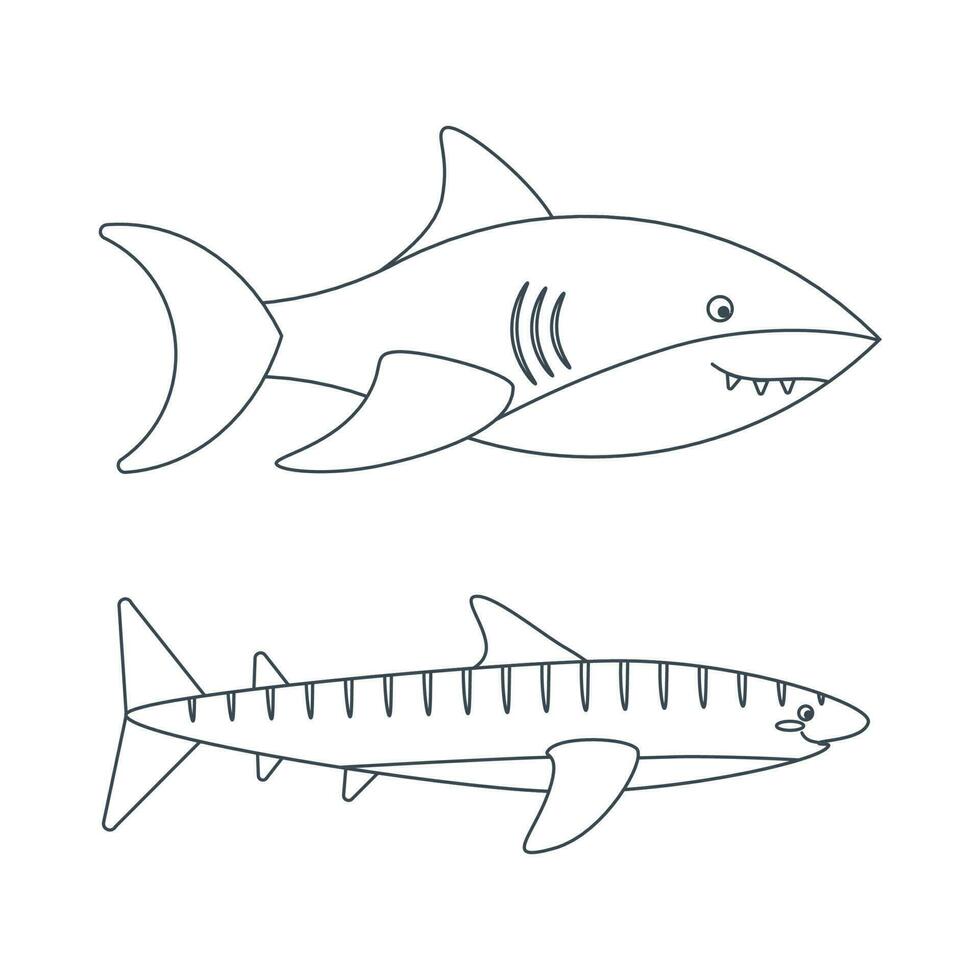 Set of marine elements of fish, shark in flat cartoon style. Line art. vector