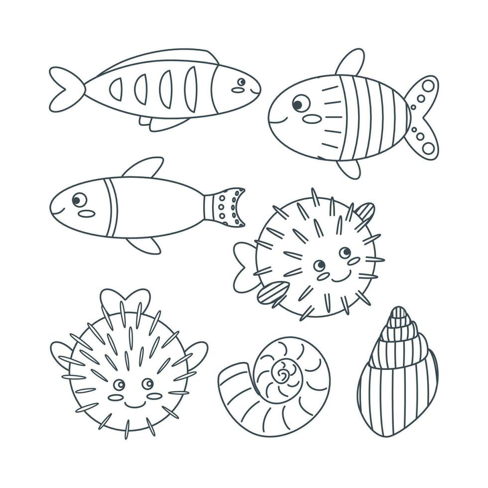 Set of marine elements of fish, puffer fish, shells in flat cartoon style. Line art. vector