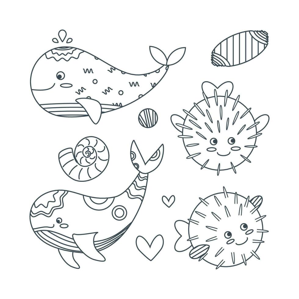 Set of marine elements of fish, shells, puffer fish, whale in flat cartoon style. Line art. vector