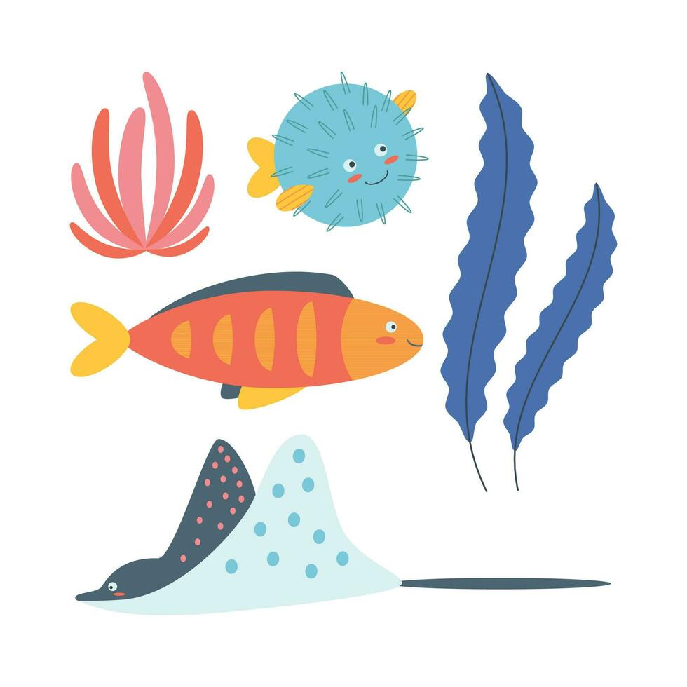 Set of marine elements of fish, puffer fish, seaweed in flat cartoon style. vector