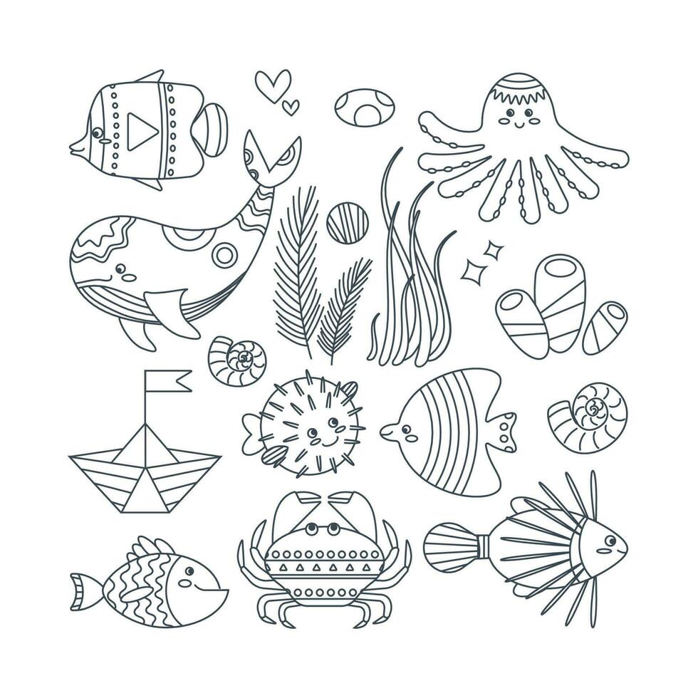 Set of marine elements seaweed, octopus, boat, stones, fish, puffer fish, whale. Line art. vector