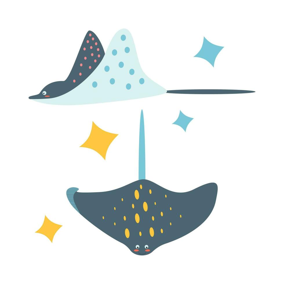 Set of marine stingray elements in flat cartoon style. vector