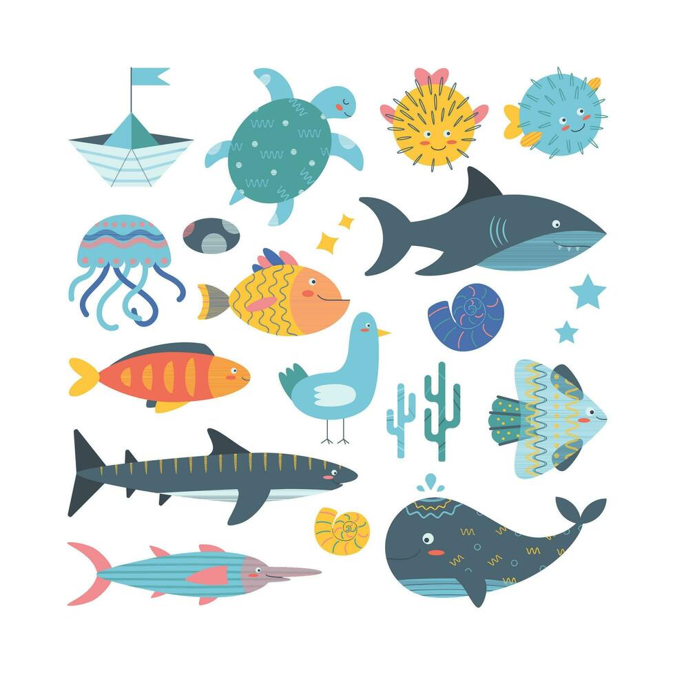 Set of marine elements seaweed, turtle, boat, jellyfish, puffer fish, fish, whale, shark. vector