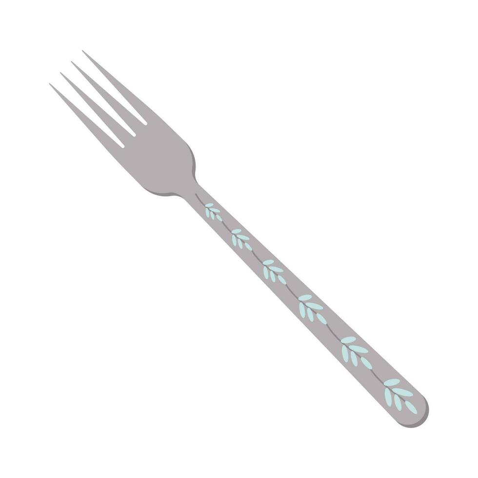 Dishes. Table fork with four prongs and a floral ornament on the handle. vector