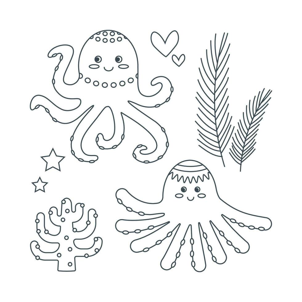 Set of marine elements octopus, seaweed in flat cartoon style. Line art. vector
