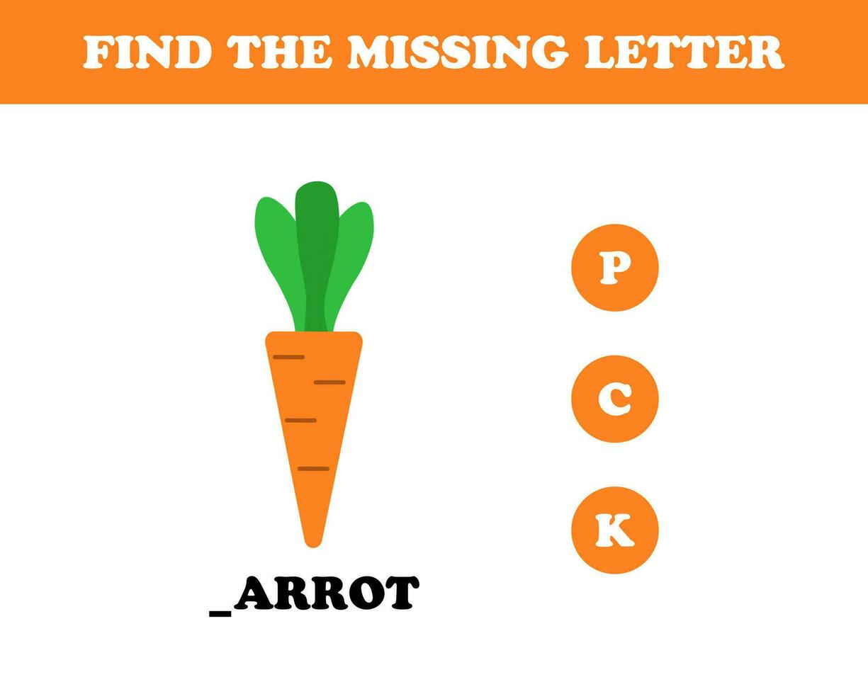 Find the missing letter worksheet for kids, carrot, vector. vector