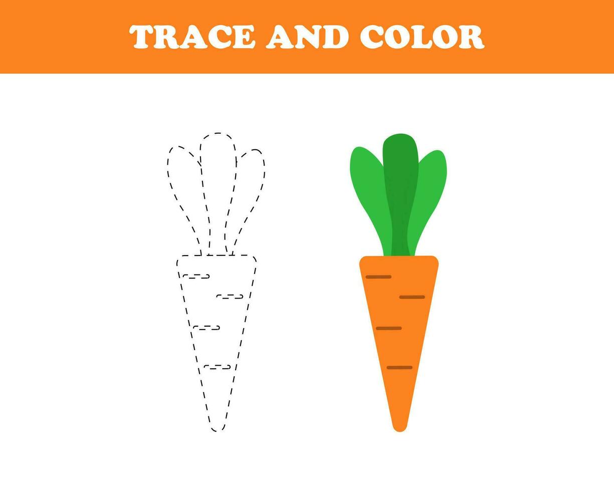 Trace and color worksheet for kids, carrot, vector. vector