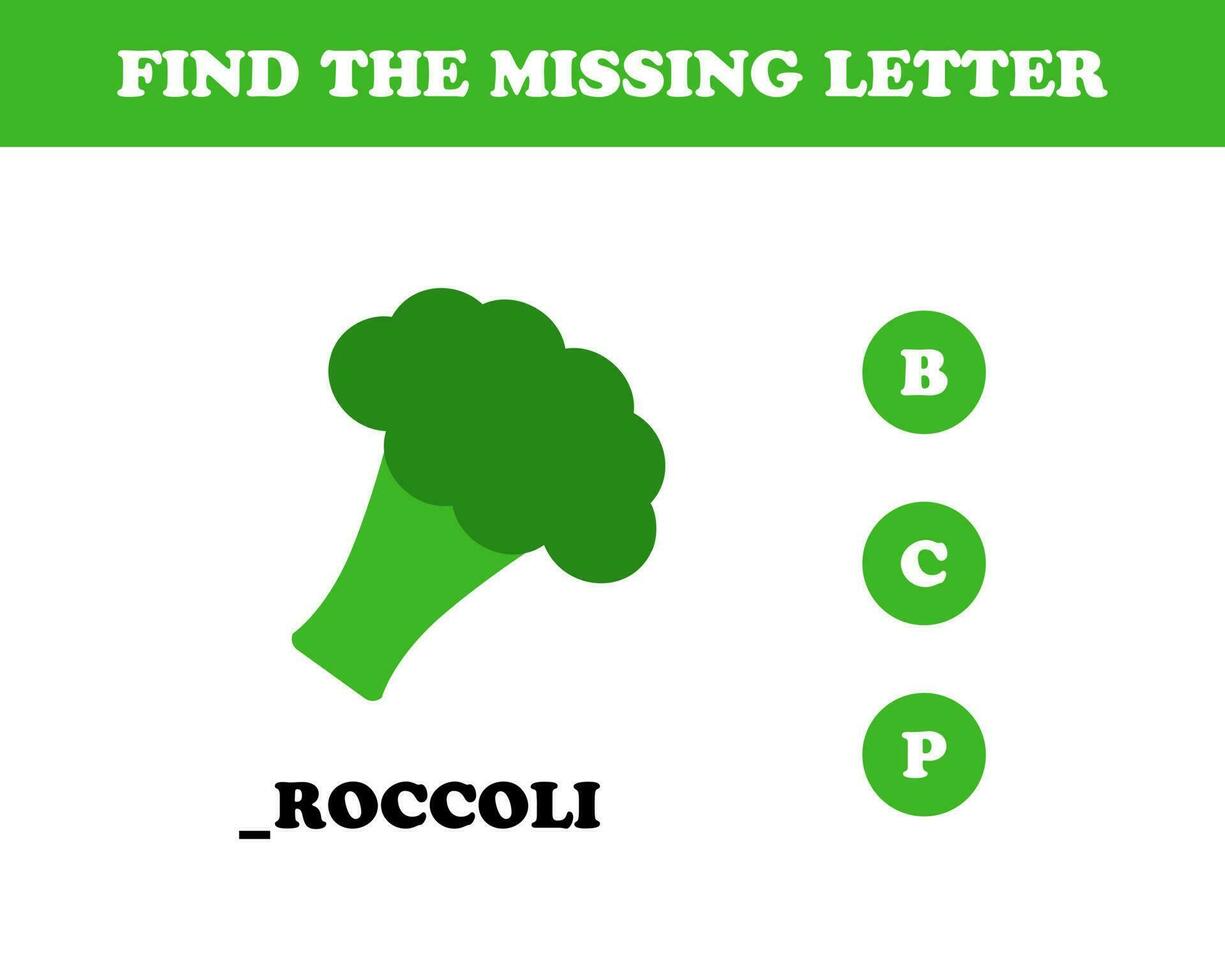 Find the missing letter worksheet for kids, broccoli, vector. vector