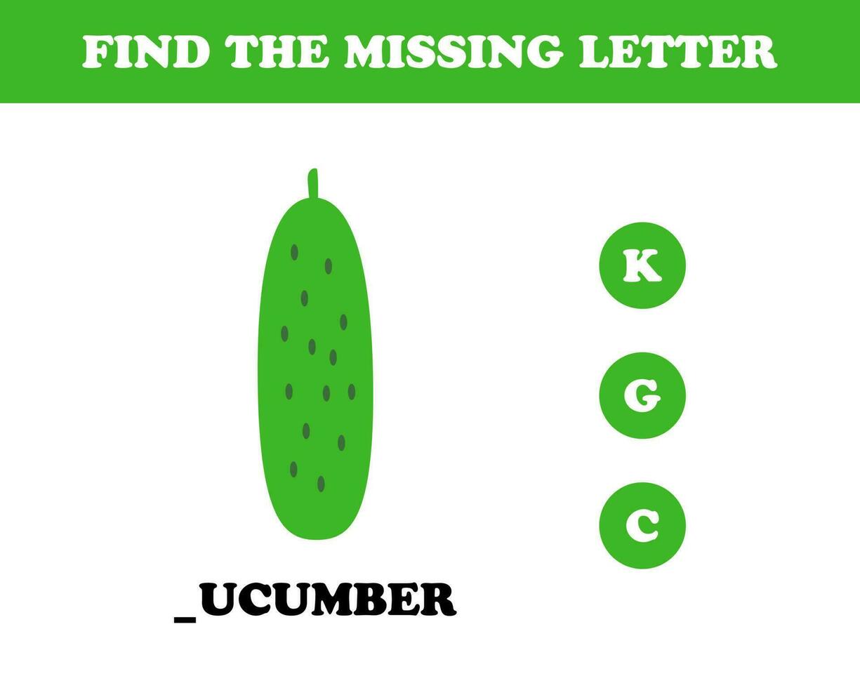 Find the missing letter worksheet for kids, cucumber, vector. vector