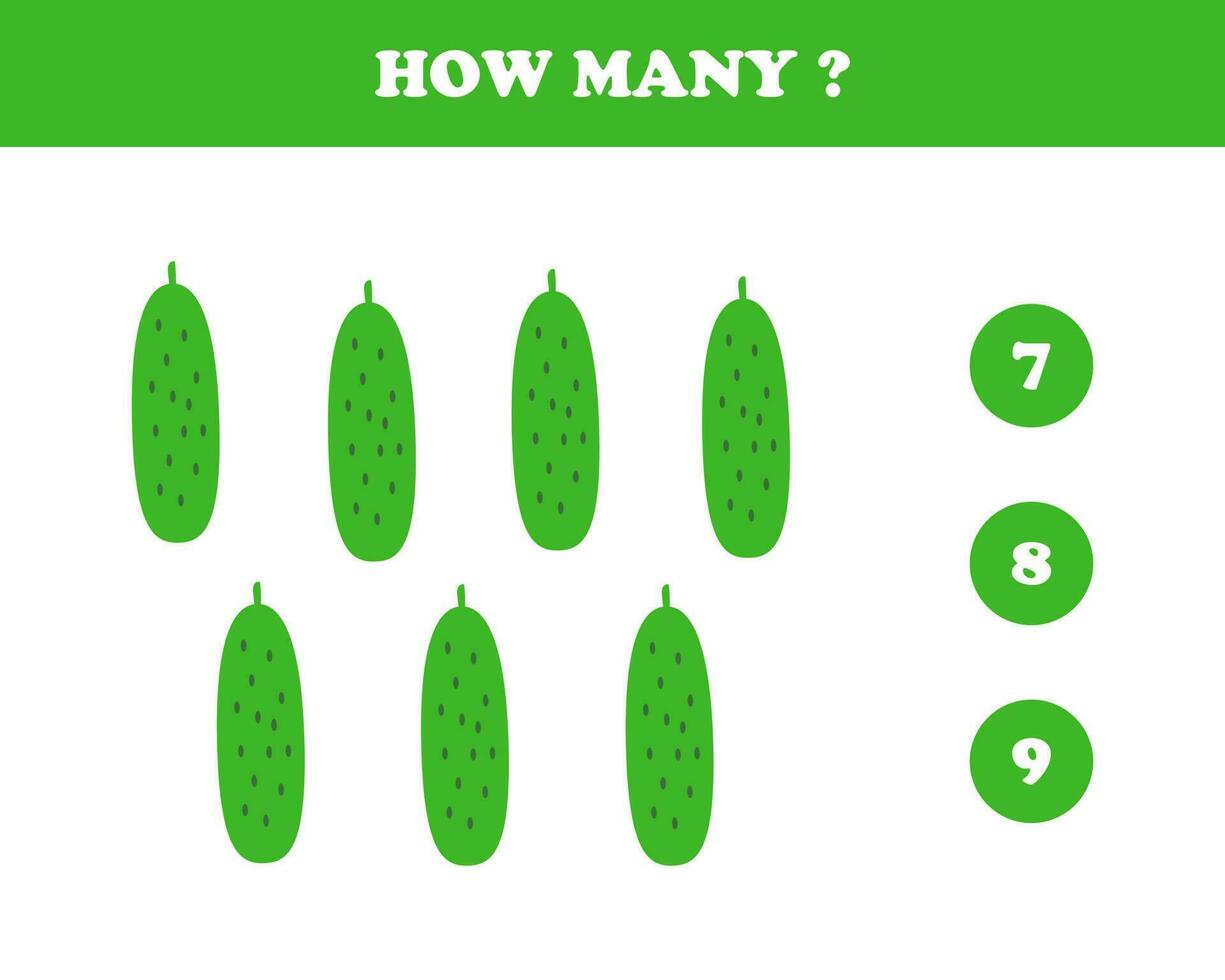 How many, worksheet for kids, cucumber, vector. vector