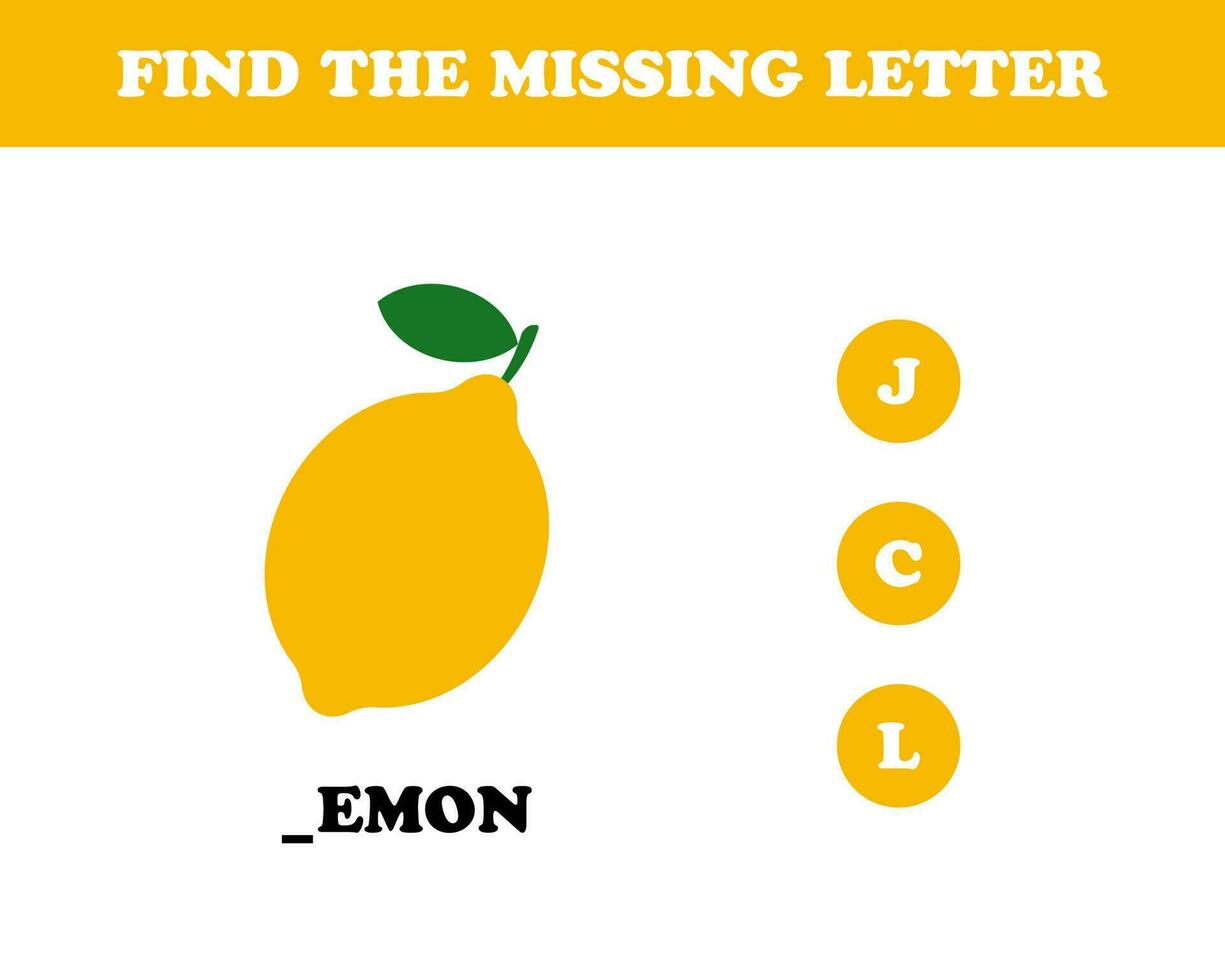 Find the missing letter worksheet for kids, lemon, vector. vector