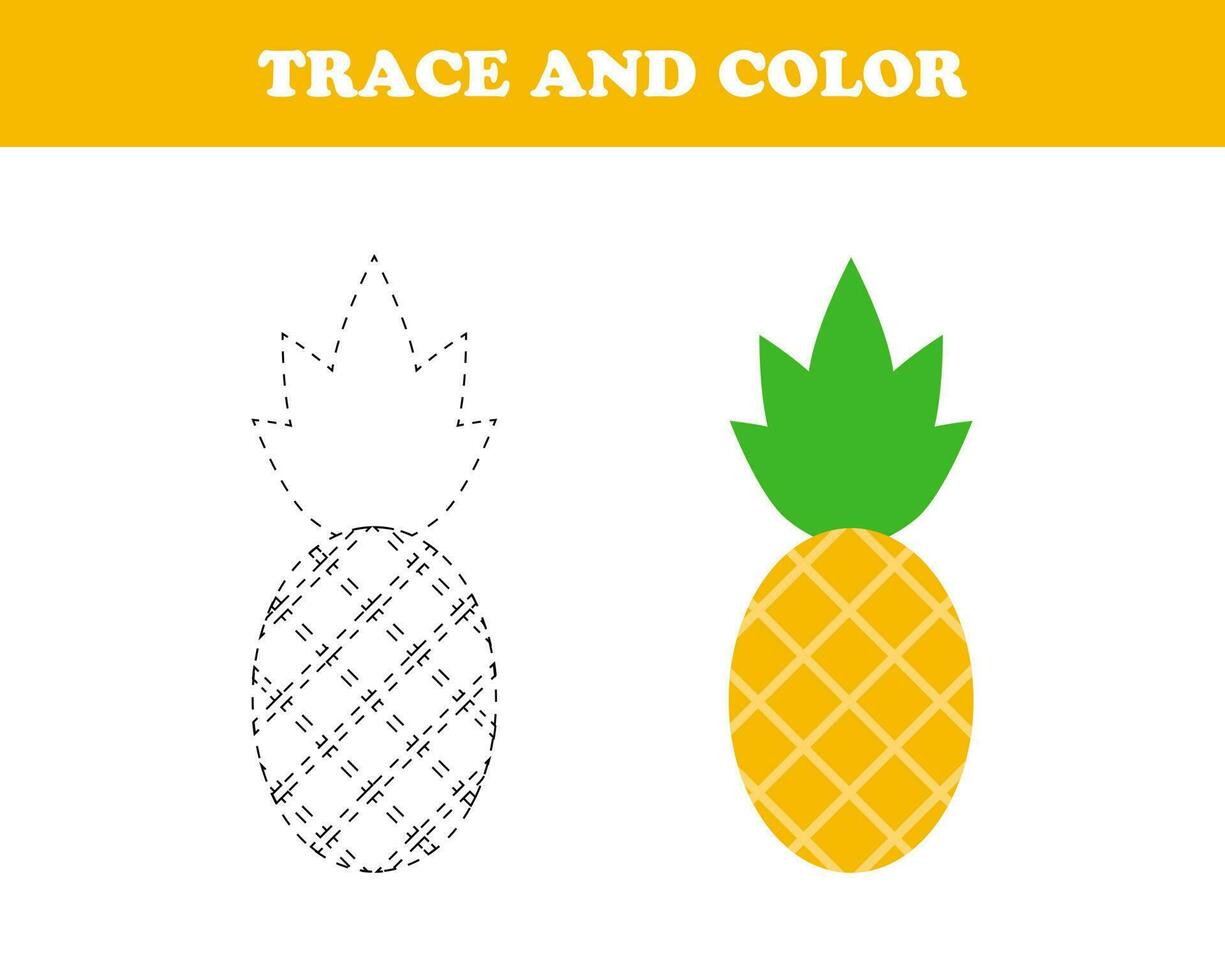 Trace and color worksheet for kids, pineapple, vector. vector