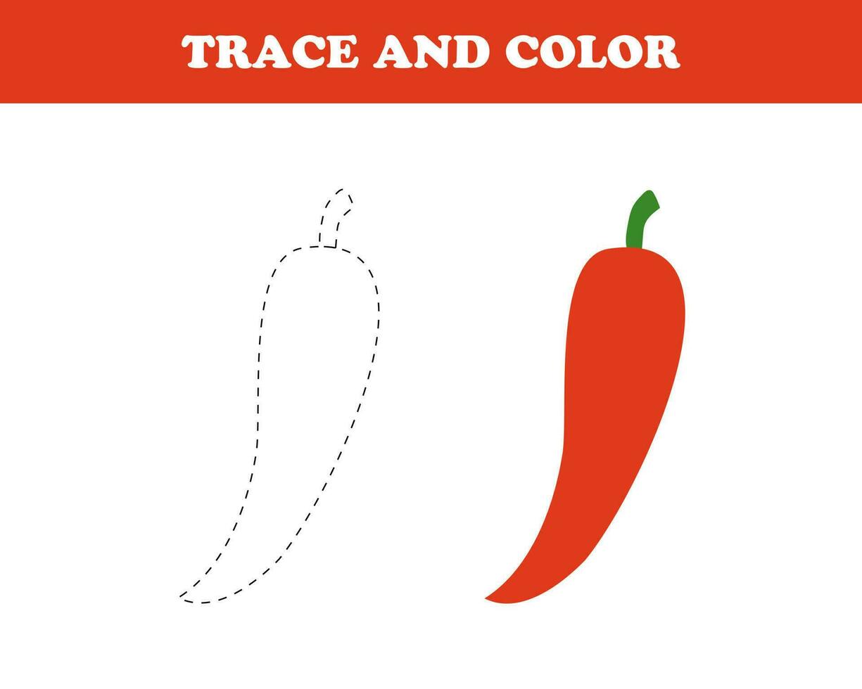 Trace and color worksheet for kids, pepper, vector. vector