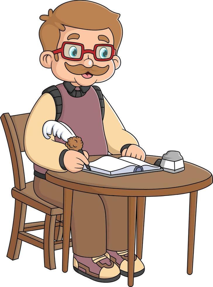 a grandfather who works as a legend story writer is sitting and writing with a quill pen vector