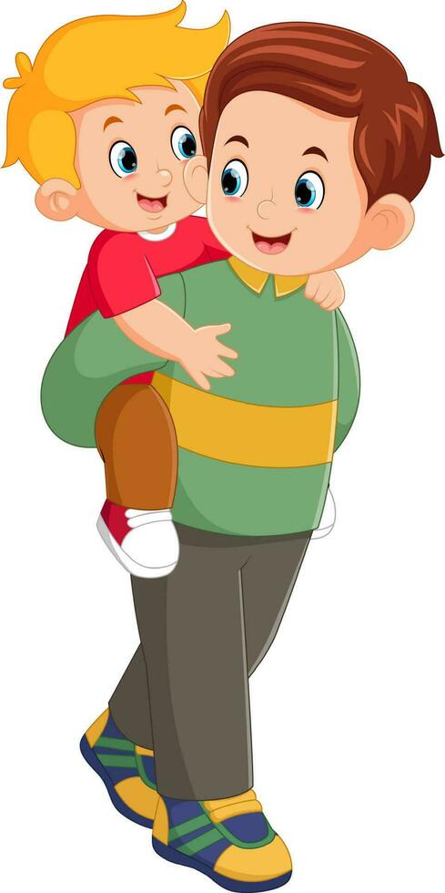 a father is happily playing and carrying his son on his back vector