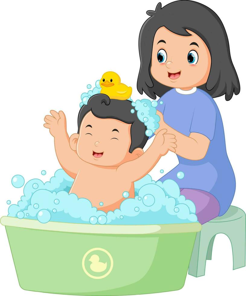 a happy mother doing her very cute baby bathing activity vector