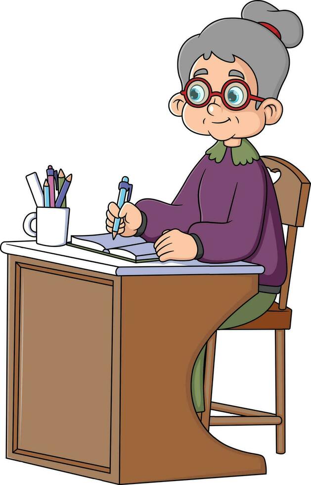 Old teacher, female, senior professor, university tutor at desk. Busy experienced elderly master vector