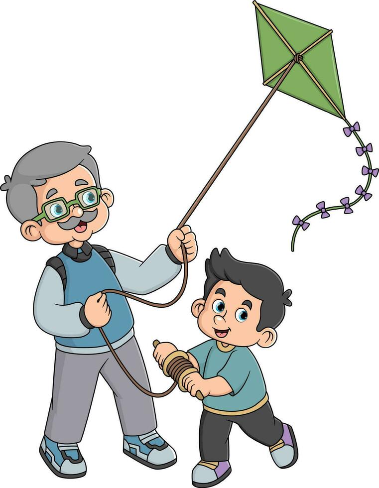 a grandfather is happy with his grandson playing a kite vector