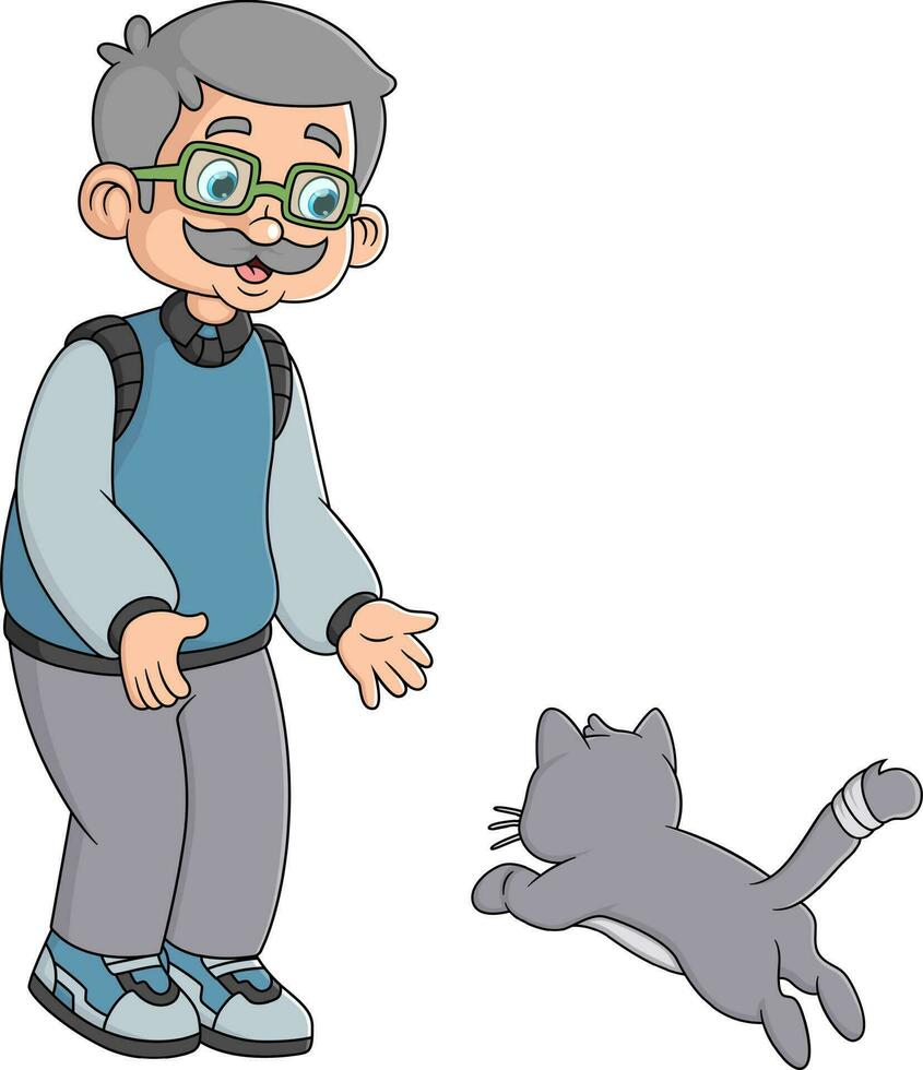 a happy old man is playing with a cat her pet vector