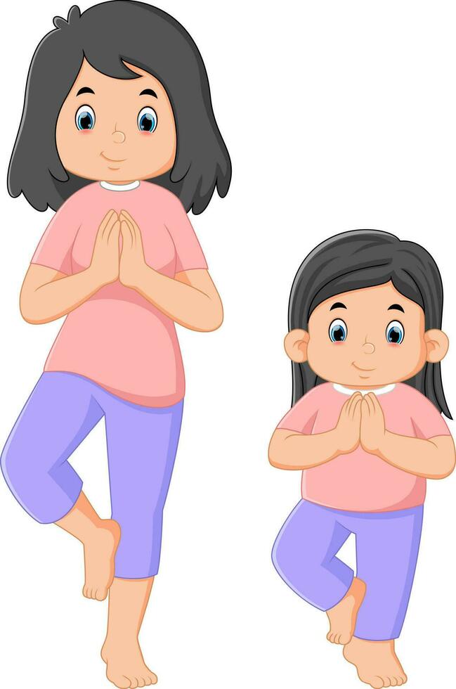 a mother and her daughter are doing yoga exercises vector