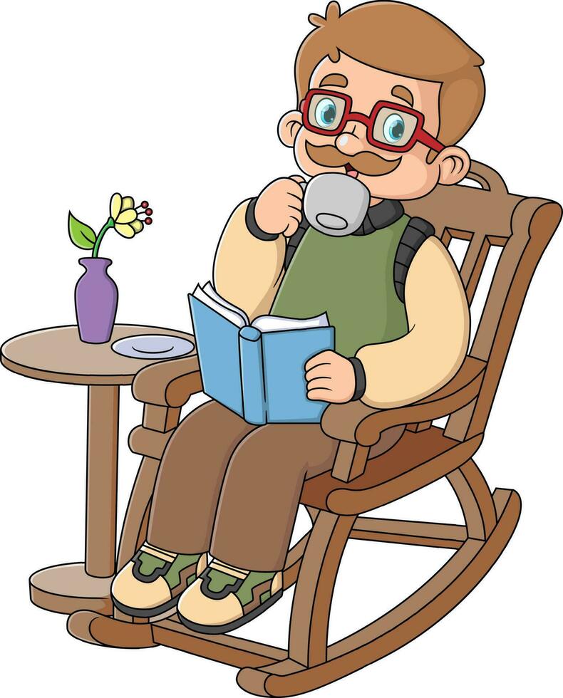 un antiguo hombre estaba relajante sentado en un balanceo silla leyendo un libro y Bebiendo un taza de café vector