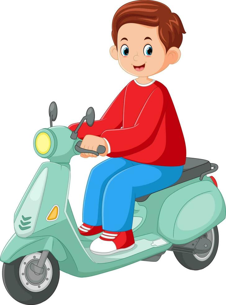 un joven hombre paseo un nuevo moto, sonriente y vistiendo un rojo camisa vector