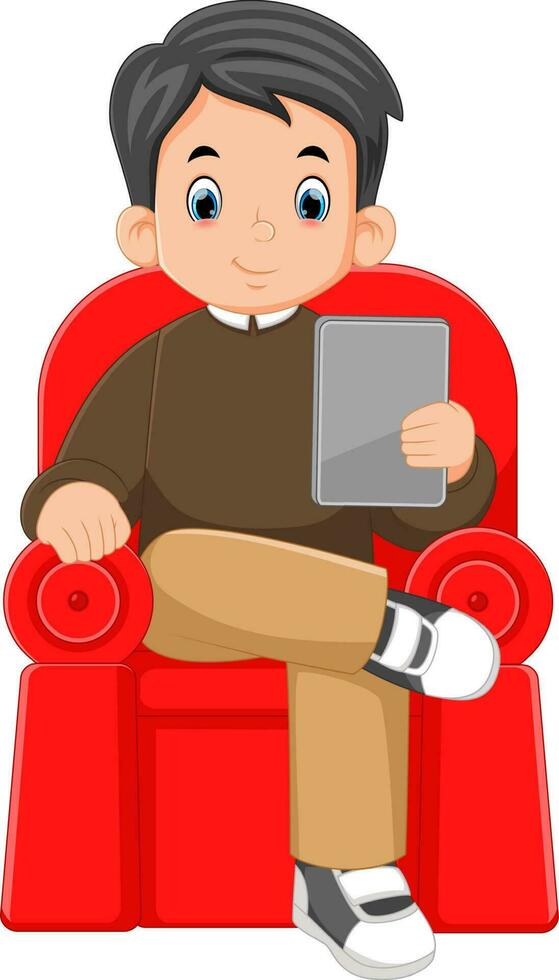 a young entrepreneur is sitting on a red sofa carrying and communicating using an modern tablet vector