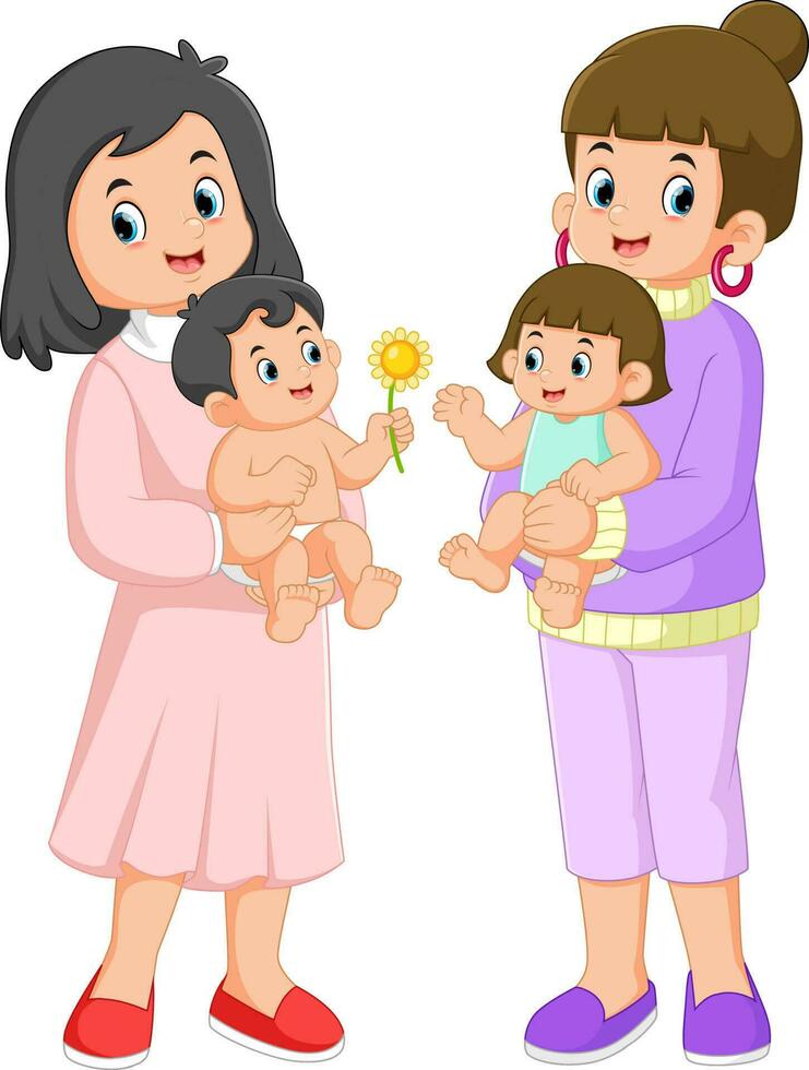 two mothers are meeting and holding a very cute baby vector
