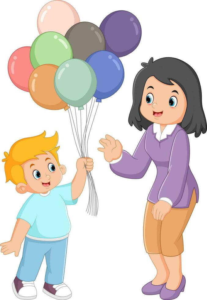 a cute boy is carrying lots of balloons and giving them to his mother vector