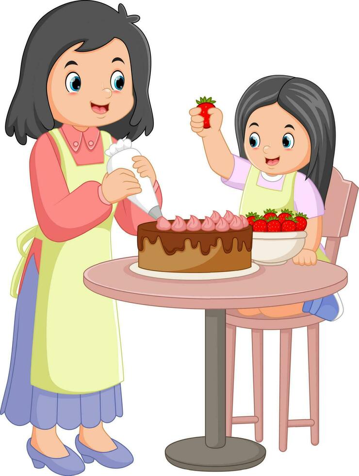 mother and daughter baking together cakes in the kitchen vector