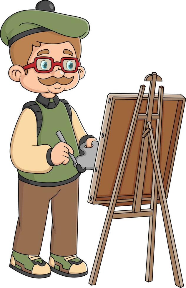 antiguo masculino pintor personaje sostener Cepillo de pintura en mano en frente de lona en caballete dibujo con petróleo pinturas vector