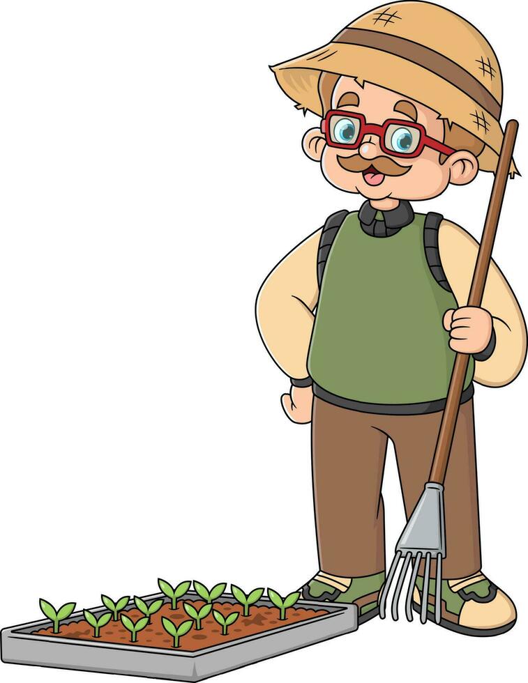 a grandfather is gardening wearing a garden hat and posing with a pitchfork vector