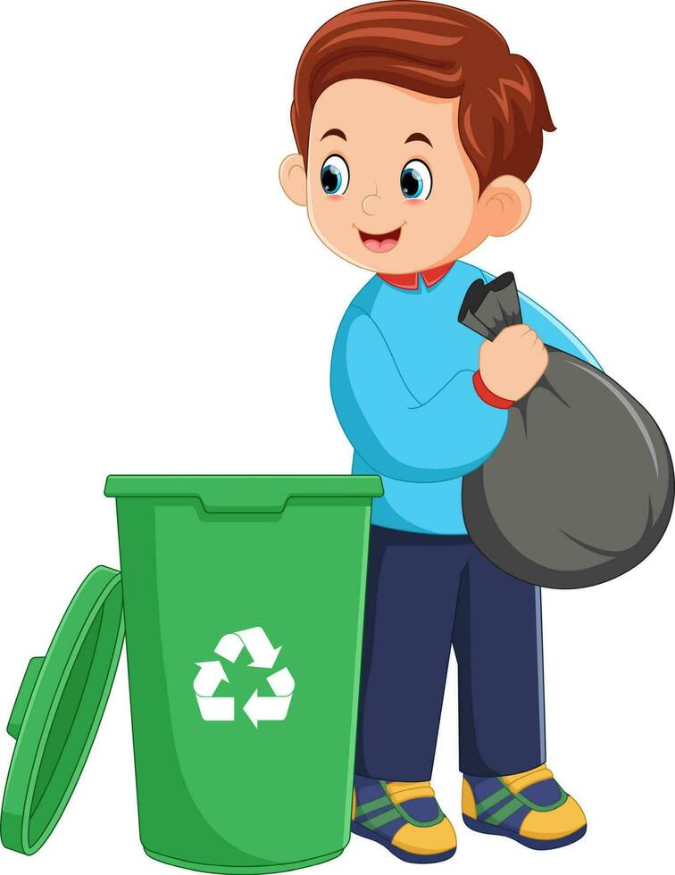 a young man  throws rubbish in garbage bin vector