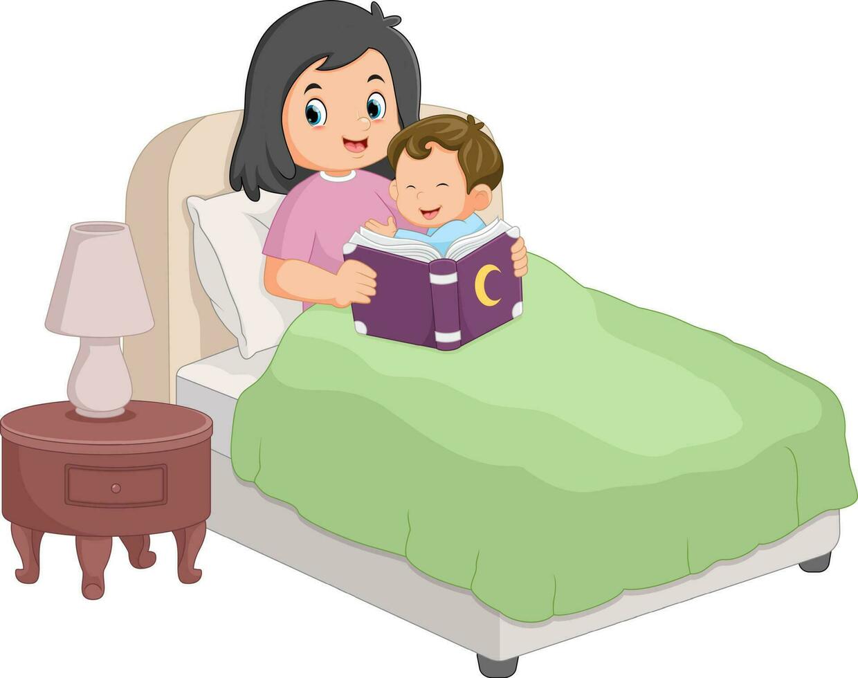 un madre es leyendo un historia libro a su hijo como un hora de acostarse cama vector