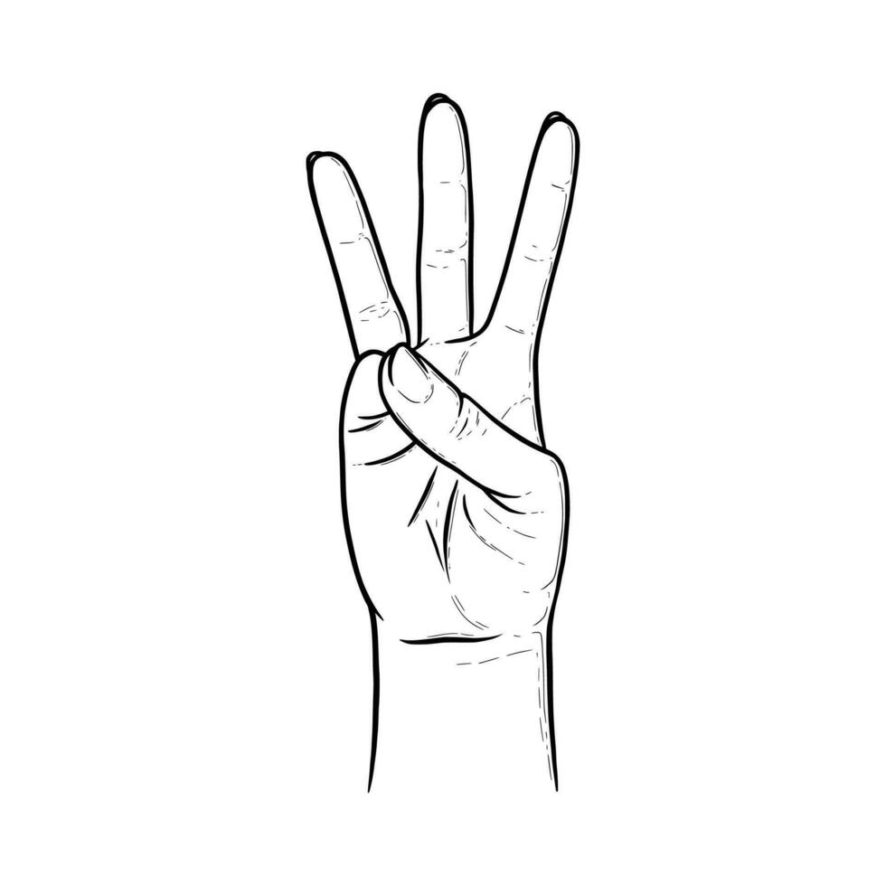 Three raised fingers. Fingers showing number three to express the quantity. Vector illustration isolated in white background