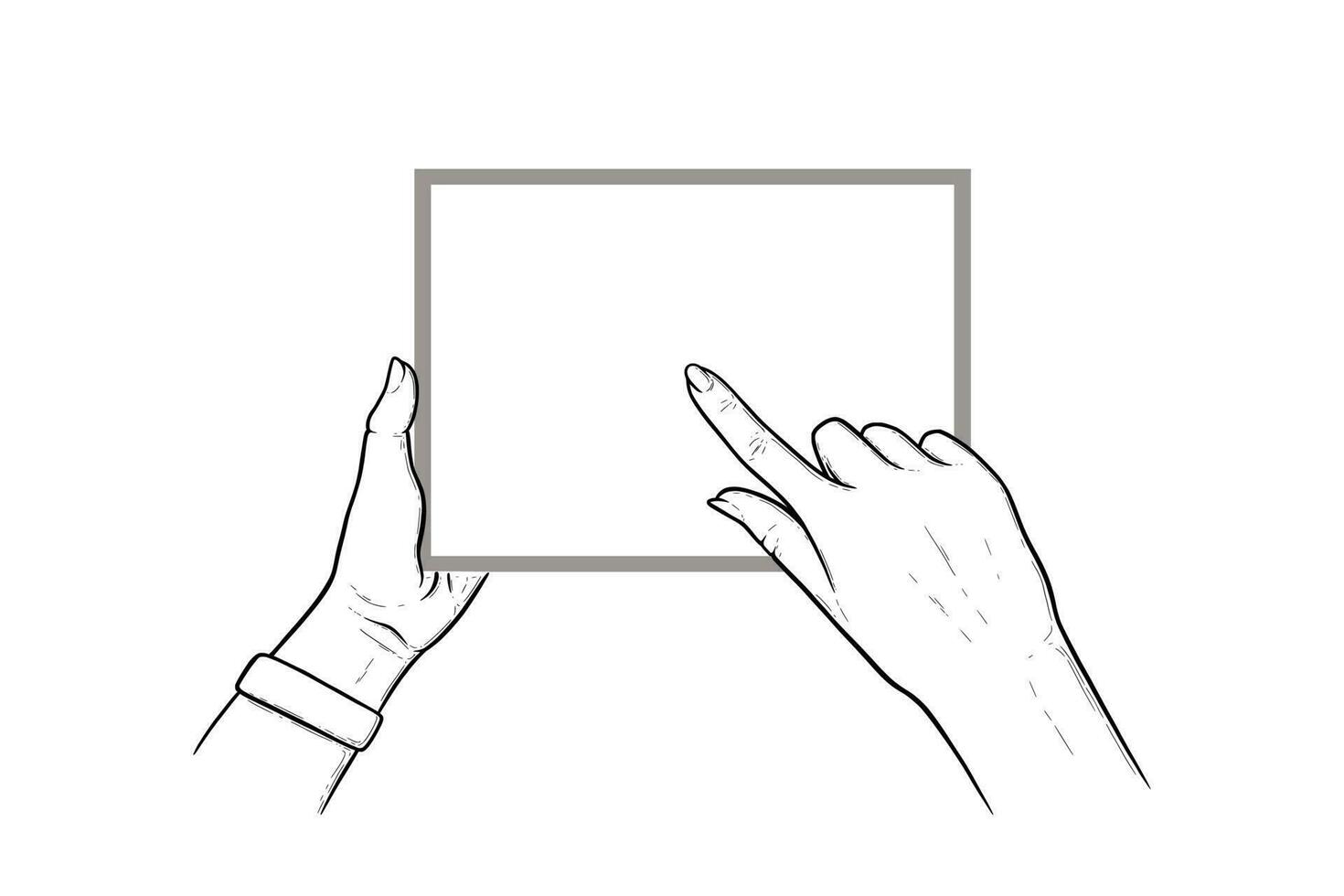 Hands holding tablet with index finger sliding in touchscreen. Horizontal tablet in hands of a human. Vector illustration isolated in white background