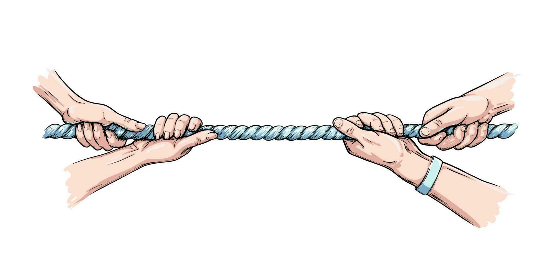 tirón guerra competencia con cuerda. manos tracción cuerda. de colores mano dibujado vector ilustración