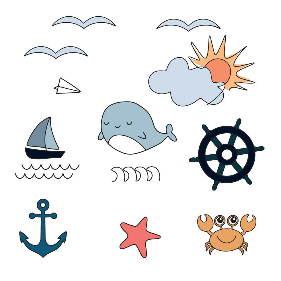 Cartoon marine elements seamless pattern. Nautical objects. Kids wrapping paper. Vector . Vector illustration