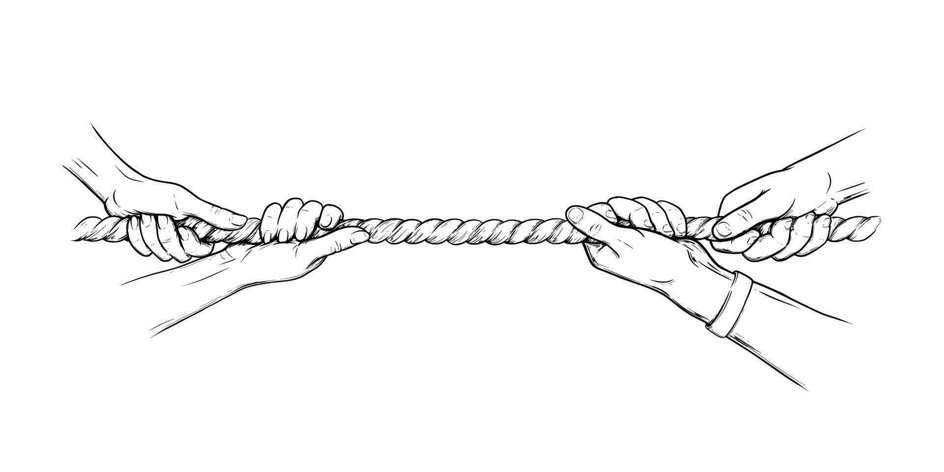 Tug war competition with rope. Hands pulling rope. Sketch hand drawn vector illustration