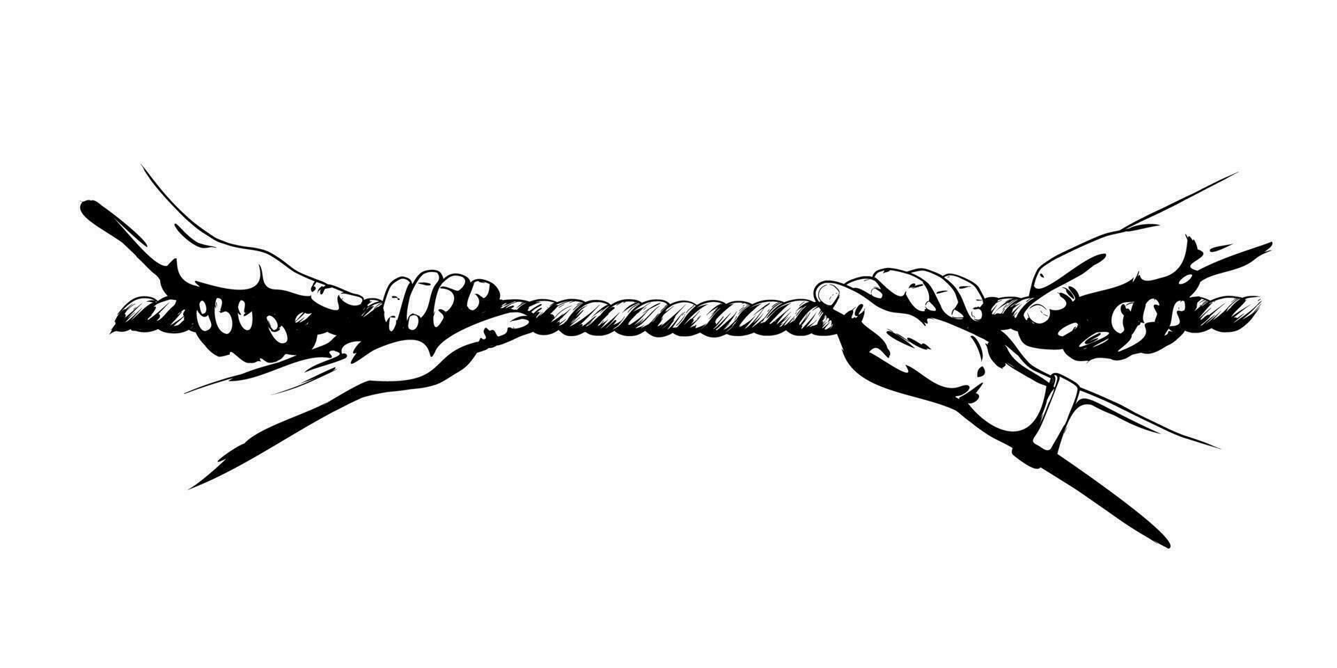 Tug war competition with rope. Hands pulling rope. Shadowed sketch hand drawn vector illustration