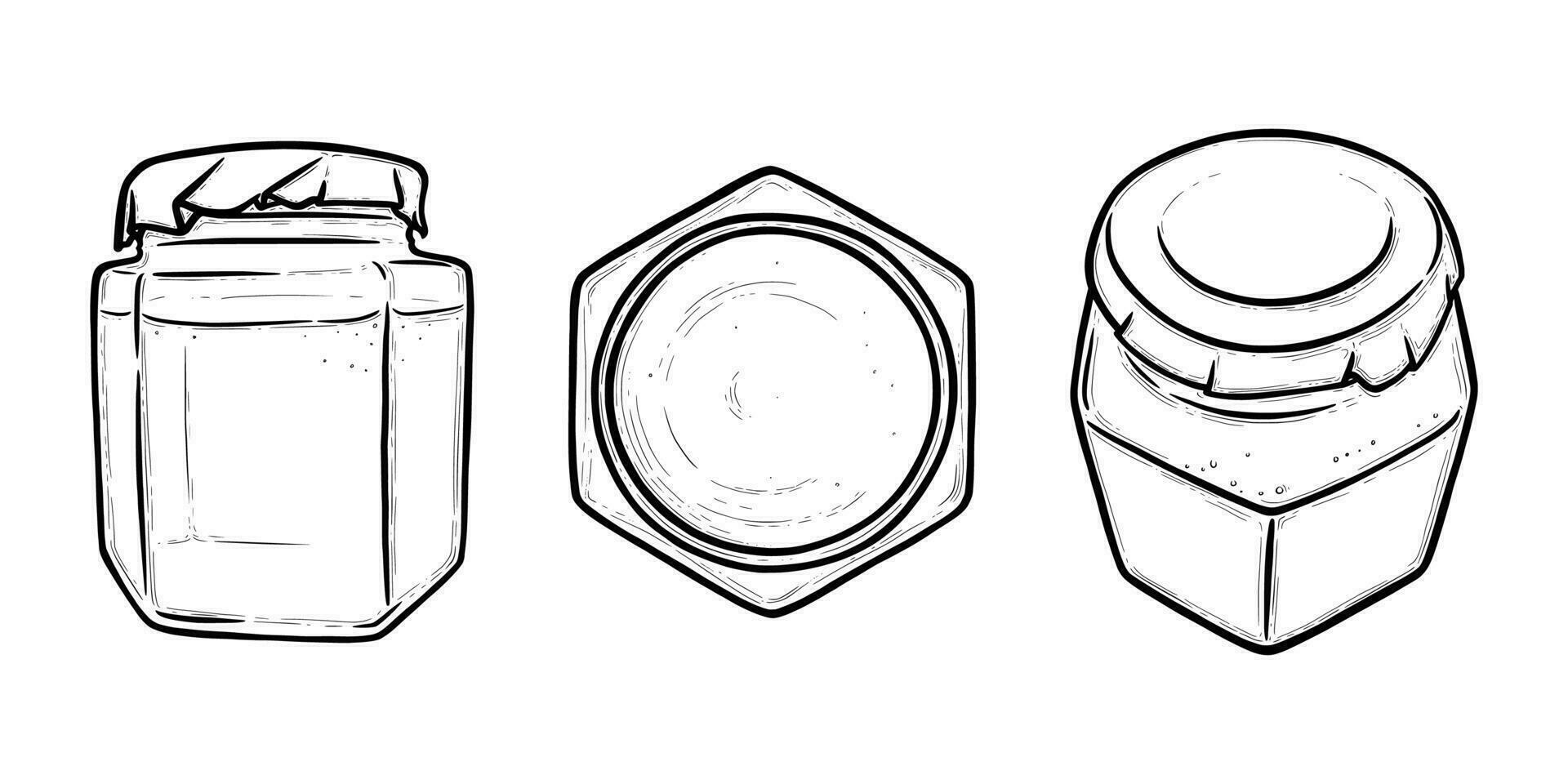 Glass jar front and top view. Hexagonal jar for preserves of pickles, honey or jam. Hand drawn vector illustration