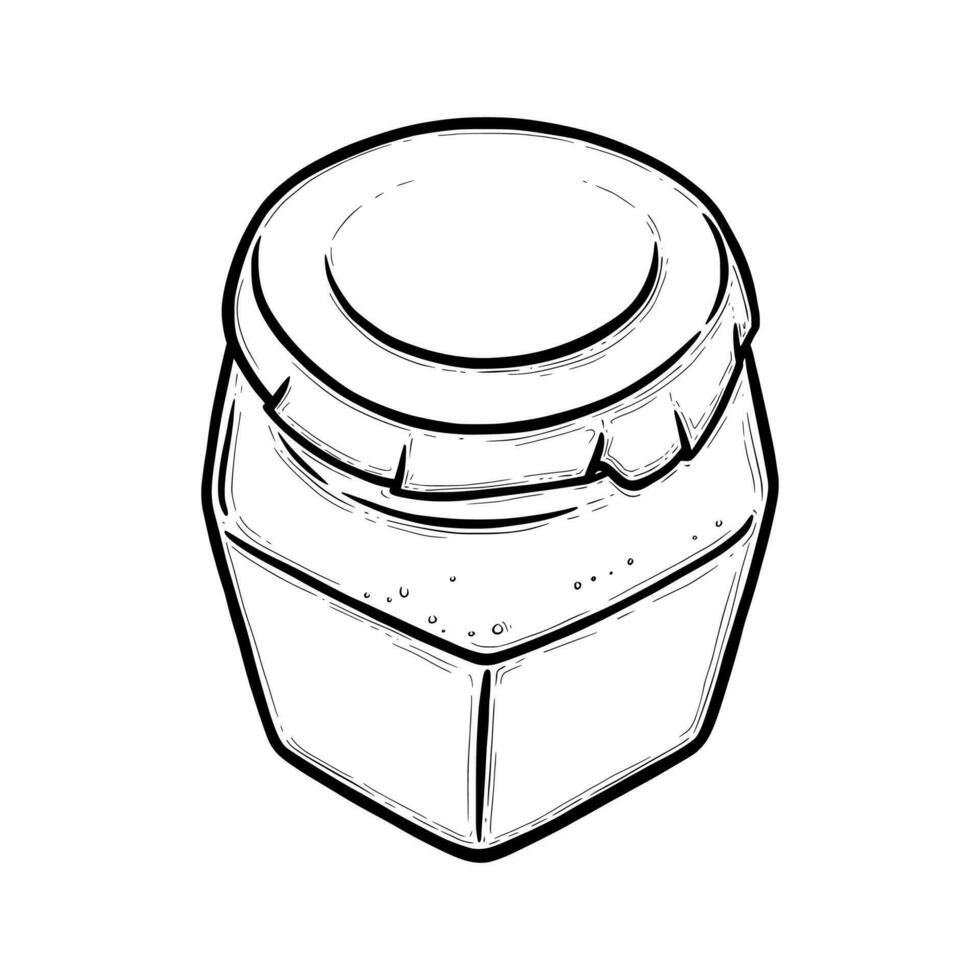 Glass jar sketch. Hexagonal empty jar for preserves of pickles, honey or jam. Hand drawn vector illustration