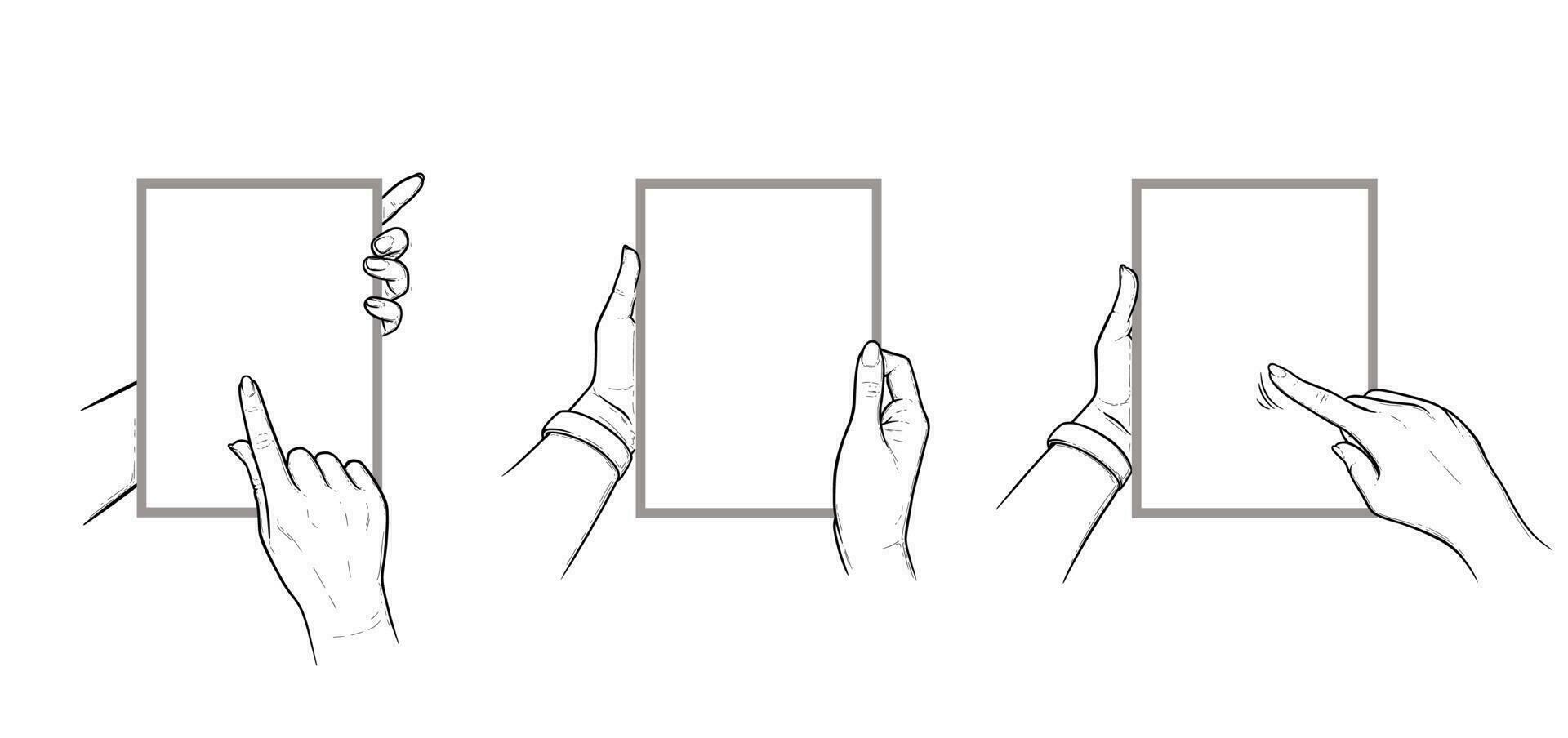 Hands holding tablet with touchscreen gestures. Set of vertical tablets in hands of a human. Vector illustration isolated in white background