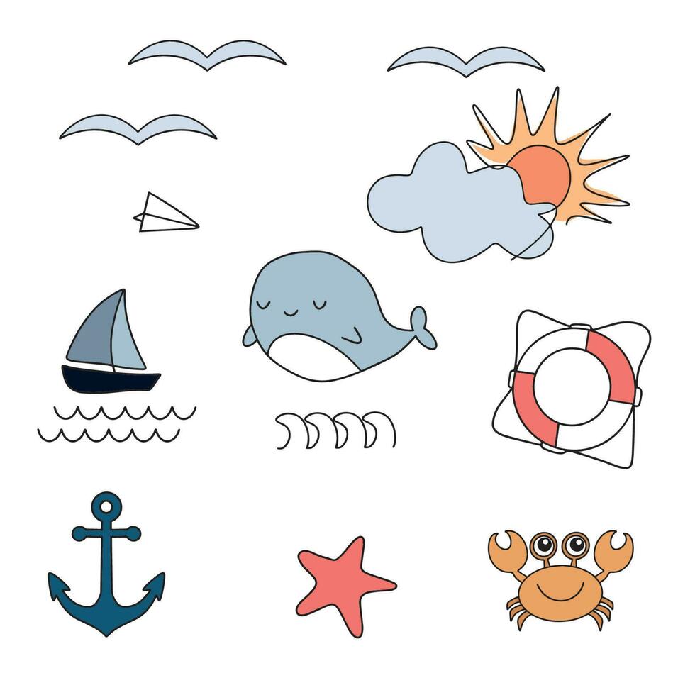 Cartoon marine elements seamless pattern. Nautical objects. Kids wrapping paper. Vector . Vector illustration