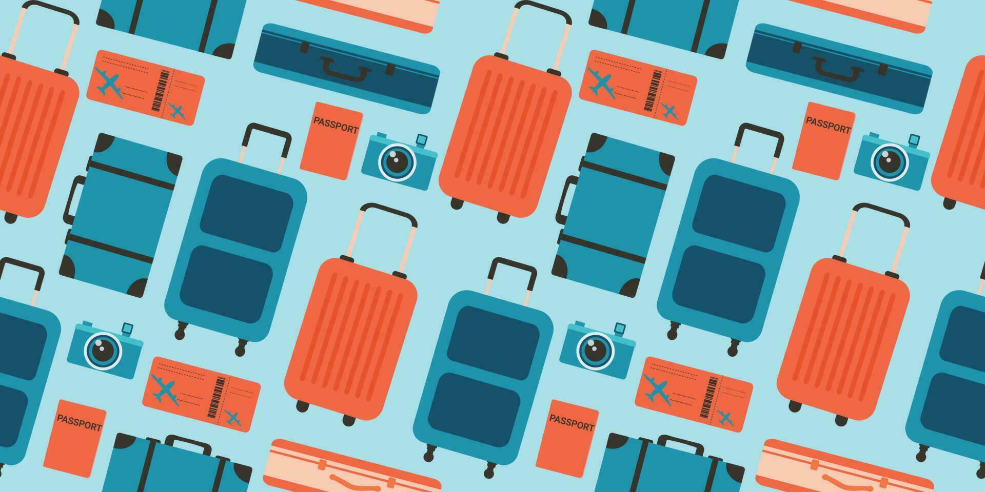 Seamless pattern of suitcases for travel and leisure. Colorful color illustration highlighted on a blue background vector