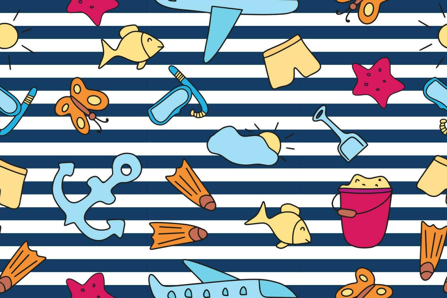 Summer seamless pattern. Doodle style. Accessories for relaxing by the sea. Suitable for printing, textiles, backgrounds, wallpaper, wrapping paper, packaging. vector