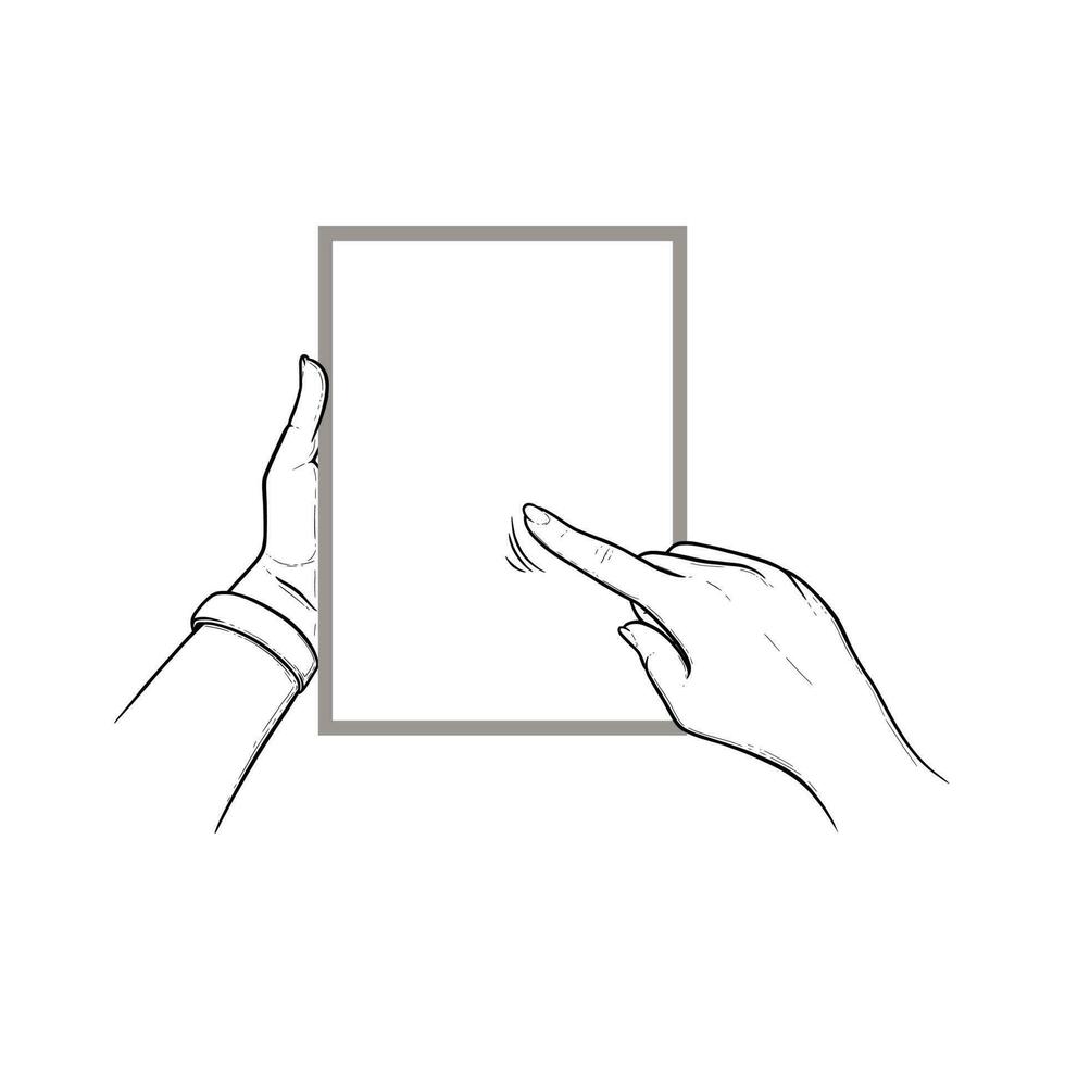 Hands holding tablet with index finger tapping touchscreen. Vertical tablet in hands of a human. Vector illustration isolated in white background