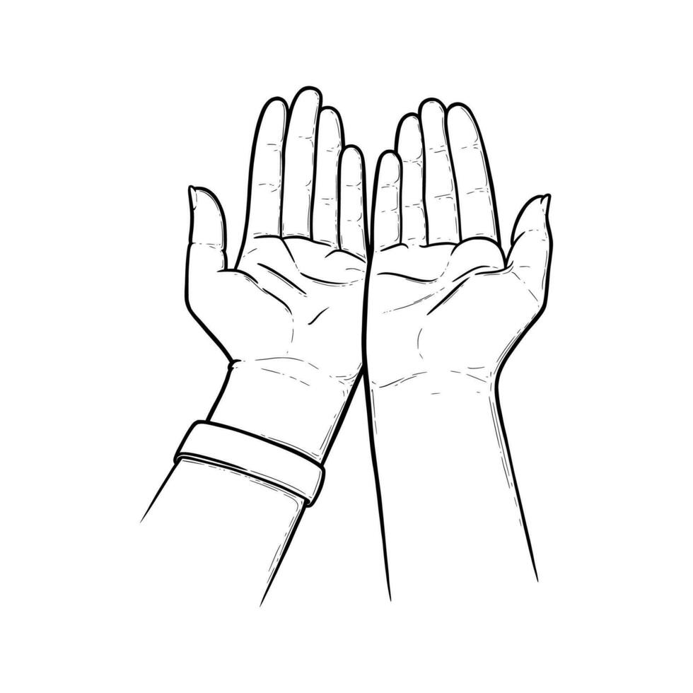 Outstretched hands praying for help and care. Open empty hands asking for protection. Vector illustration isolated in white background