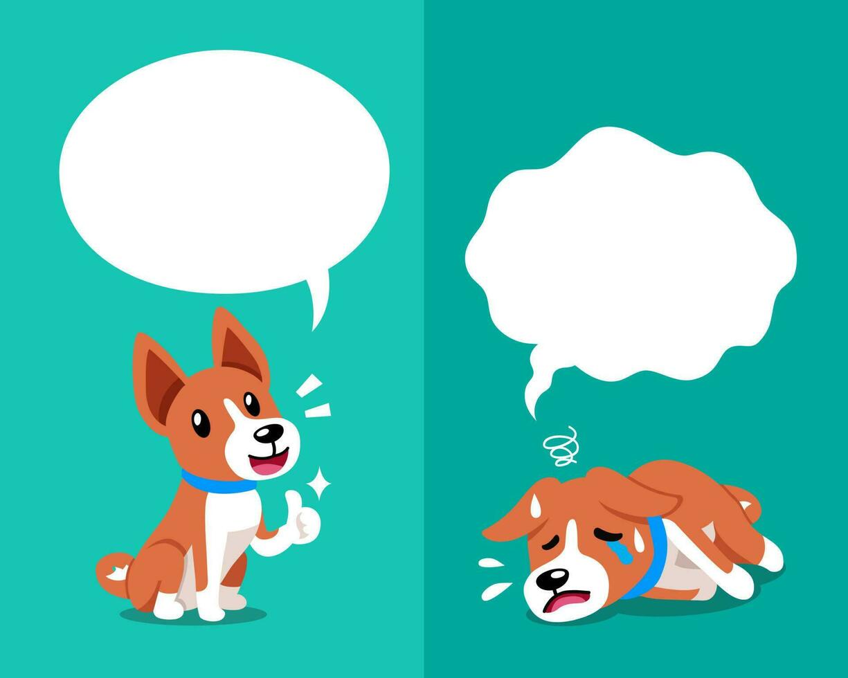 Vector cartoon character basenji dog expressing different emotions with speech bubbles