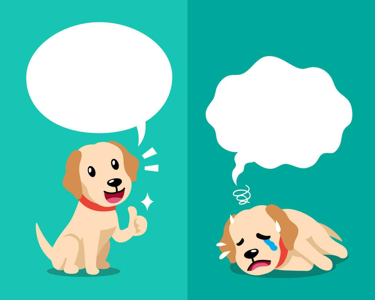 Vector cartoon character labrador retriever dog expressing different emotions with speech bubbles